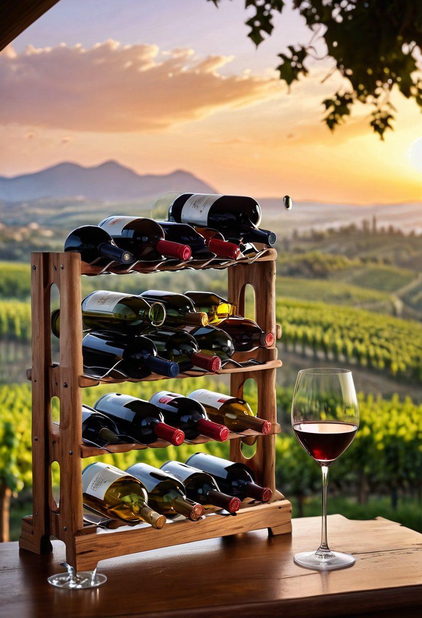 A sophisticated scene featuring a beautifully arranged wooden wine rack filled with exquisite bottles of fine wine, accompanied by an elegant crystal decanter and gleaming glasses. In the background, a soft-focus view of vineyards under a golden sunset, symbolizing growth and prosperity. Include subtle hints of currency notes and investment charts blending into the scenery, creating a connection between wine and wealth. super-realistic. vibrant colors. soft focus.