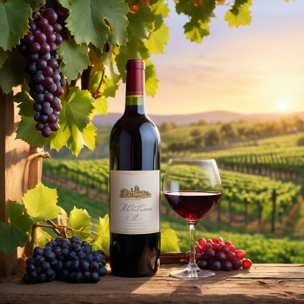 A picturesque vineyard landscape at sunset, showcasing grapes hanging from lush green vines, with a close-up of a vintage wine bottle and glass filled with rich red wine in the foreground. Soft light glows through the leaves, emphasizing the beauty and allure of wine investment. An elegant, swirling pattern of wine flows through the background. vibrant colors. super-realistic.
