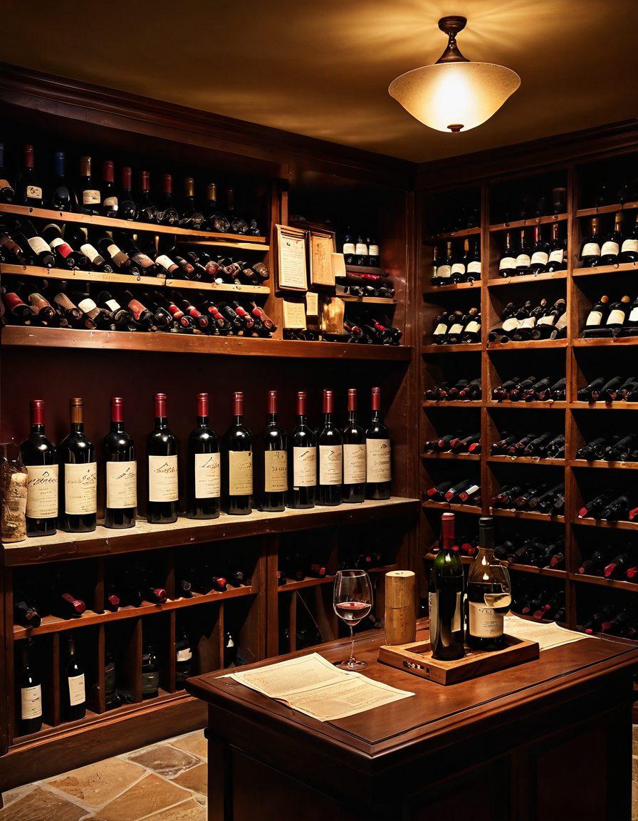 An elegant wine cellar filled with diverse wine bottles, emphasizing a vintage aesthetic. A vintage scale and appraisal papers are displayed prominently in the foreground, symbolizing valuation. Soft, ambient lighting casts warm hues across the scene to create an inviting atmosphere. Include subtle wine corks and glasses to enhance investment themes. super-realistic. warm colors. artistic shadows.
